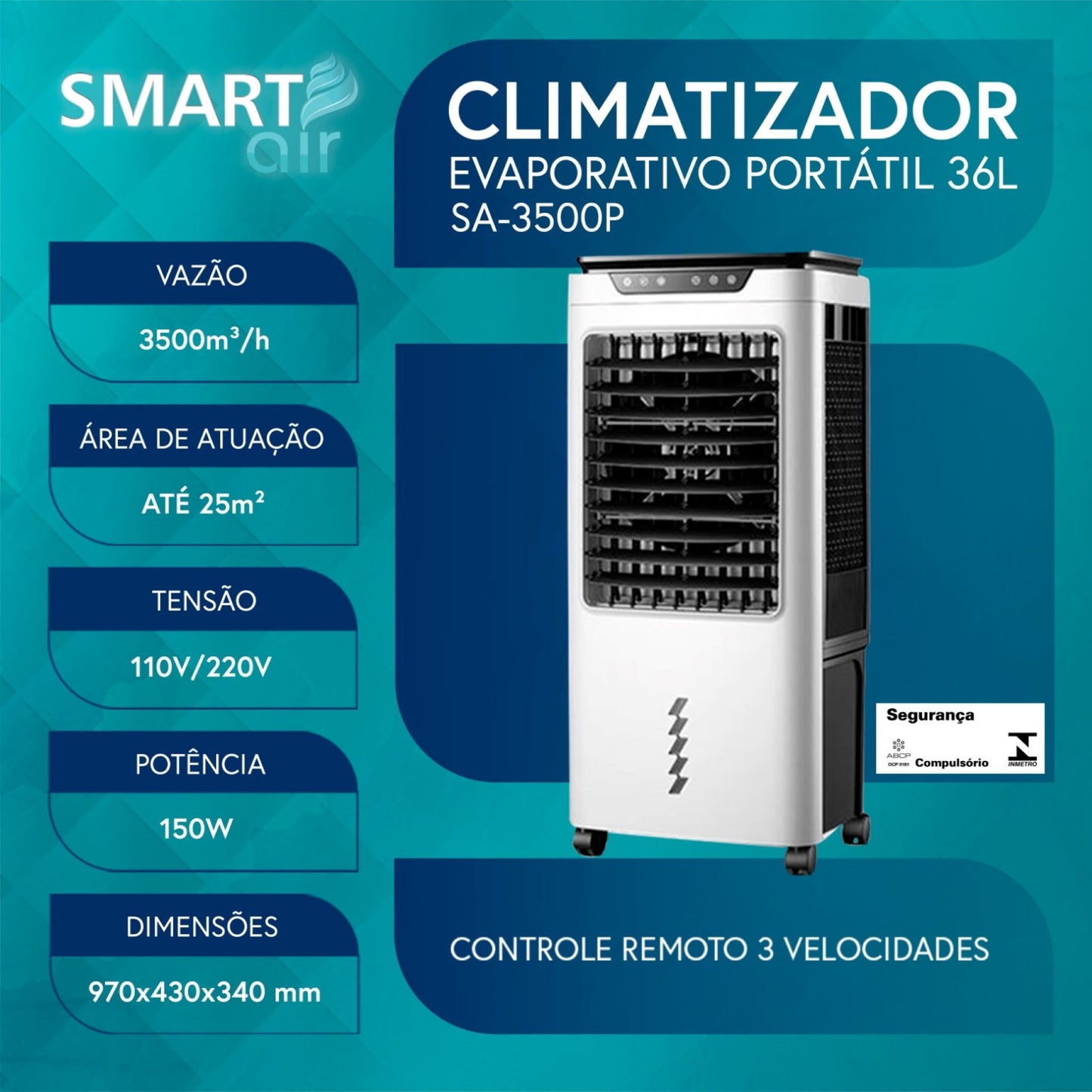 CLIMATIZADOR EVAPORATIVO PORTÁTIL 36L COM CONTROLE REMOTO - 220V